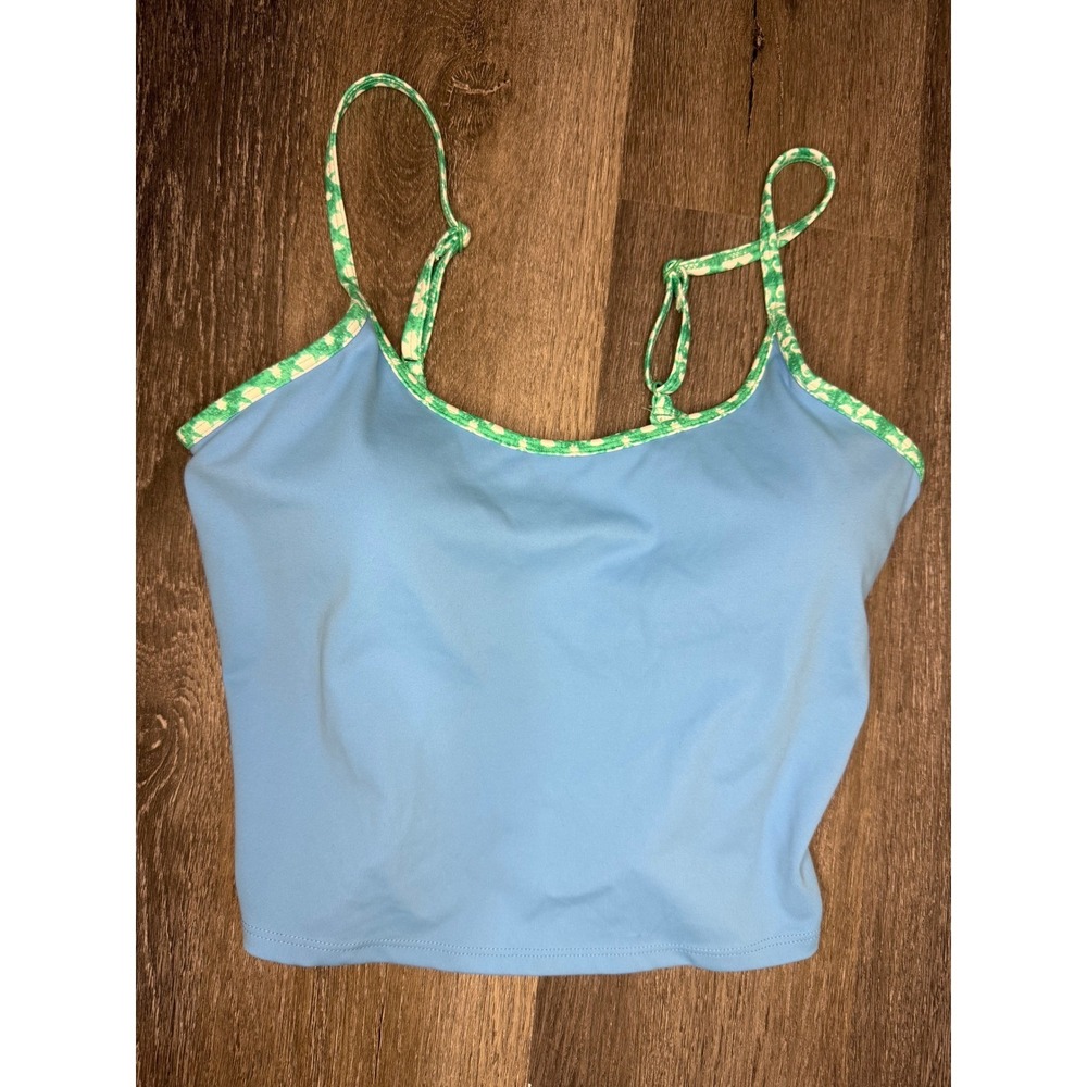 Roller Rabbit Blue Tankini Swimsuit Top XS Green Trim Lace Up Back bathing suit - Picture 9 of 10